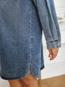 EMERY ROSE 女士长袖单排扣休闲宽松口袋牛仔衬衫裙 - 深色水洗藍 - 查看 7