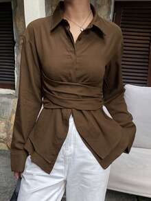 DAZY Women's Collared Cinched Waist Decor Cinched Waist Long Sleeve Open Front Casual Elegant Blouse - Brown - View 2