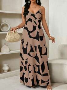 SHEIN Lady Họa tiết hình học, váy dài trơn thích hợp mặc thường ngày - Màu Khaki - Xem 4