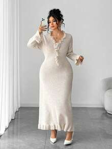 Elenzga 大码纯色长袖休闲毛衣连衣裙