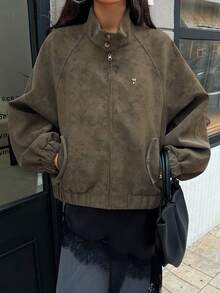 DAZY 女士立领短款夹克，休闲街头风插肩袖立领飞行员夹克 - 綠色 - 查看 2