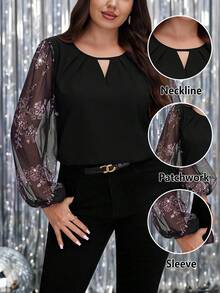 SHEIN LUNE 亮片印花大码宽松V领衬衫，黑色上衣，适合2025秋冬季圣诞节派对、新年感恩节等场合，时尚优雅衬衫 - 黑色 - 查看 3