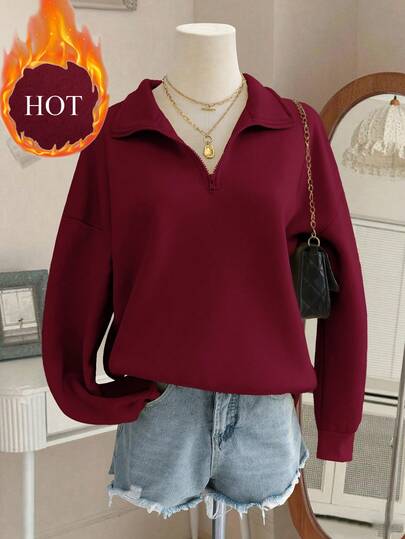 Lalippa 女士纯色落肩长袖半拉链半开襟休闲抓绒卫衣，秋冬款