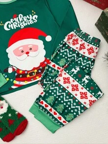 2pcs/Set Christmas Santa Claus Print Round Neck Long Sleeve T-Shirt + Pants Pajama Set, Girls Casual Loungewear Or Sleepwear For Autumn/Winter Christmas Pajamas For Girl And Boy Santa Pajamas Christmas Clothes Kids Kids Christmas Pajamas