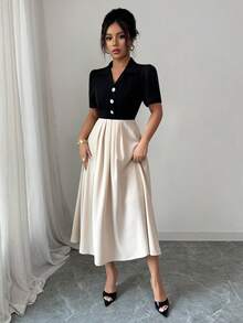 SHEIN Unity V-Neck Patchwork Color Block Cinched Waist Casual Dress - Black - View 3