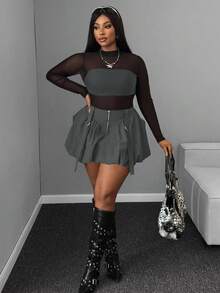 Maweii Plus Size Women Casual Ruffle Hem Solid Color Zipper Closure Mini Skirt, Suitable For Work And Daily Wear, Autumn/Winter - Grey - View 7