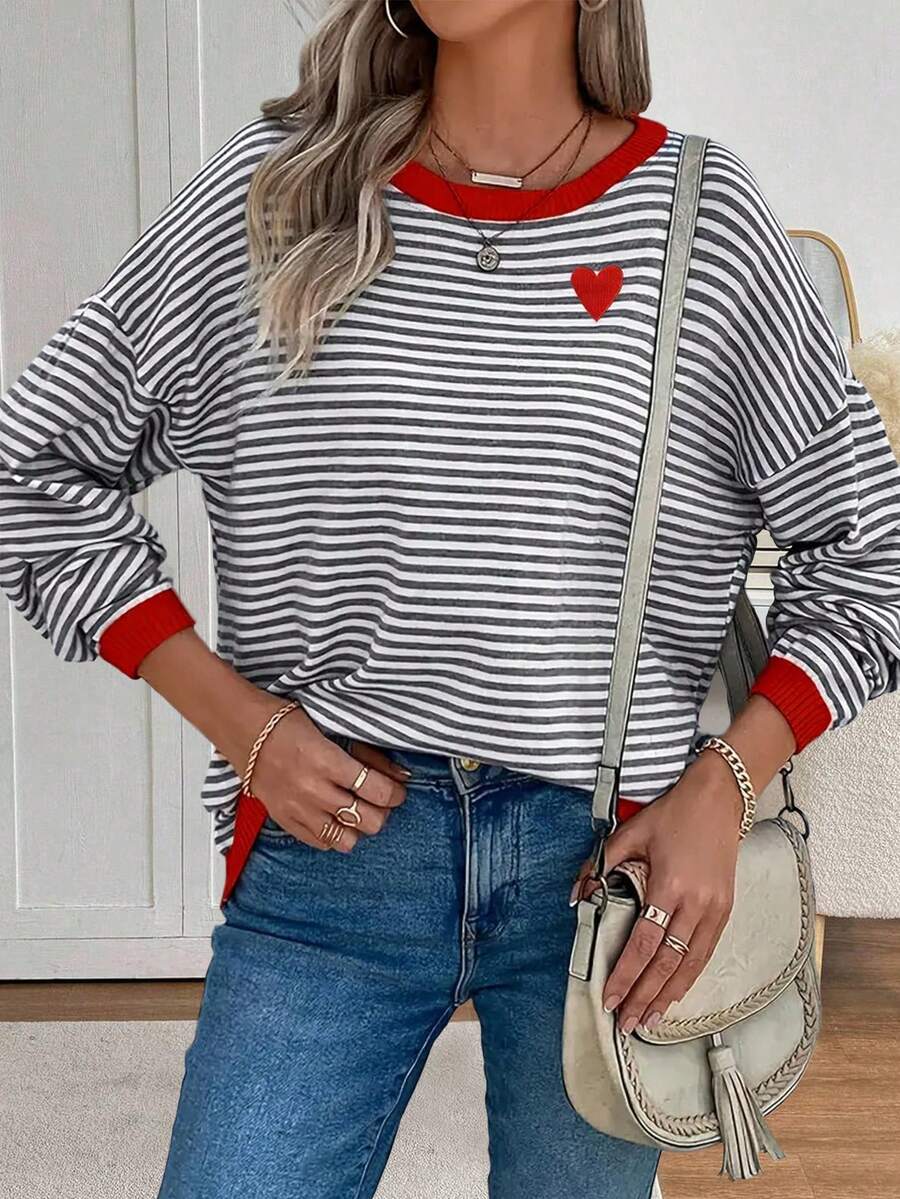 EMERY ROSE Women's Casual Chic Style, Fashion Versatile Pullover Sweatshirt, Colorful Striped Pattern Design, Suitable For Outdoor, Autumn, Winter, Back To School Season, Classic Red Heart Graphic - Multicolor - View 1