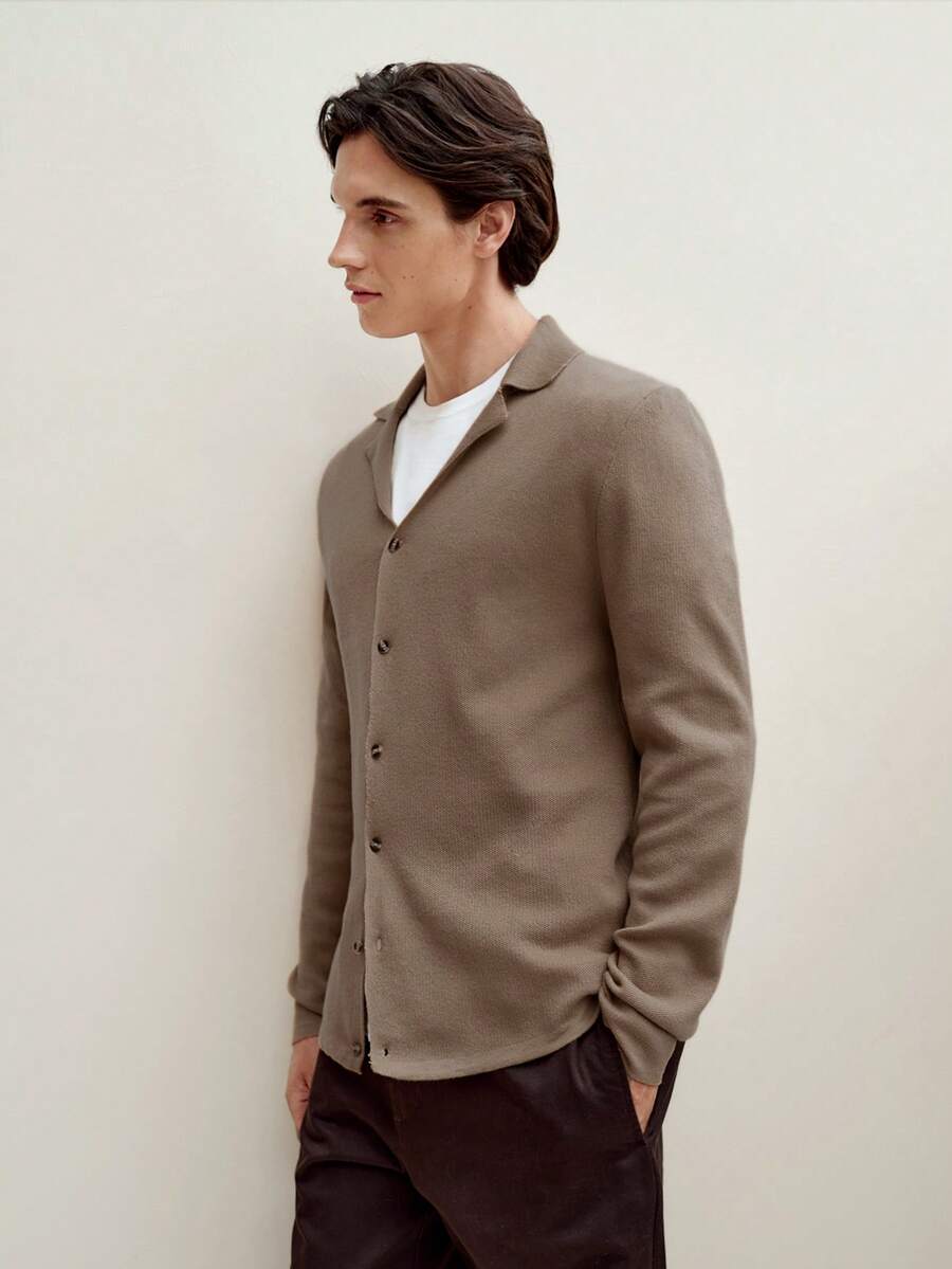 RONVEXI Men's Solid Color Lapel NeckLong Sleeve Single-Breasted Knit Cardigan, Autumn/Winter - Khaki - View 1