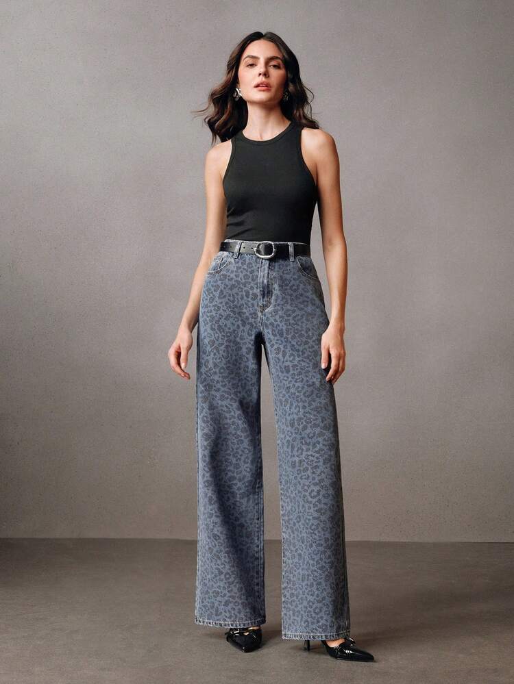 Women's Leopard Print Pocket Wide Leg Loose Casual Jeans