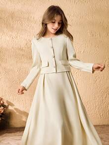 女童优雅简约时尚圆领插肩袖短款外套，配有仿口袋和珍珠纽扣，搭配高腰纯色长裙套装，秋冬款