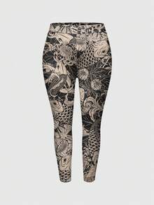 ROMWE Grunge Punk Neo-Chinese Punk Goldfish Calligraphy Chrysanthemum Retro Elastic Plus Size Leggings - Khaki - View 5