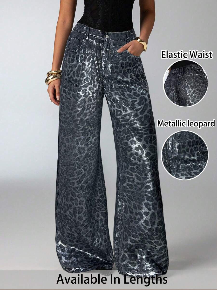 SHEIN Tall CURVE Quần jean ống rộng thời trang mùa thu, mùa thu, trở lại trường, tiệc Halloween, Giáng sinh, Y2K, dễ thương, phong cách đường phố, Goth, Grunge, Techno, tiệc sinh nhật, đi chơi, câu lạc bộ, sân bay, họa tiết da báo ánh kim, họa tiết động vật, quần jean ống rộng, họa tiết da báo đã giặt - màu đen - Xem 1