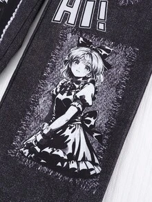 Sparklyn 2pcs/Set Girls Street Fashion Star Graphic Knit Crop Top + Denim Look Printed Loose Cargo Pants Set, Versatile Casual Outfit