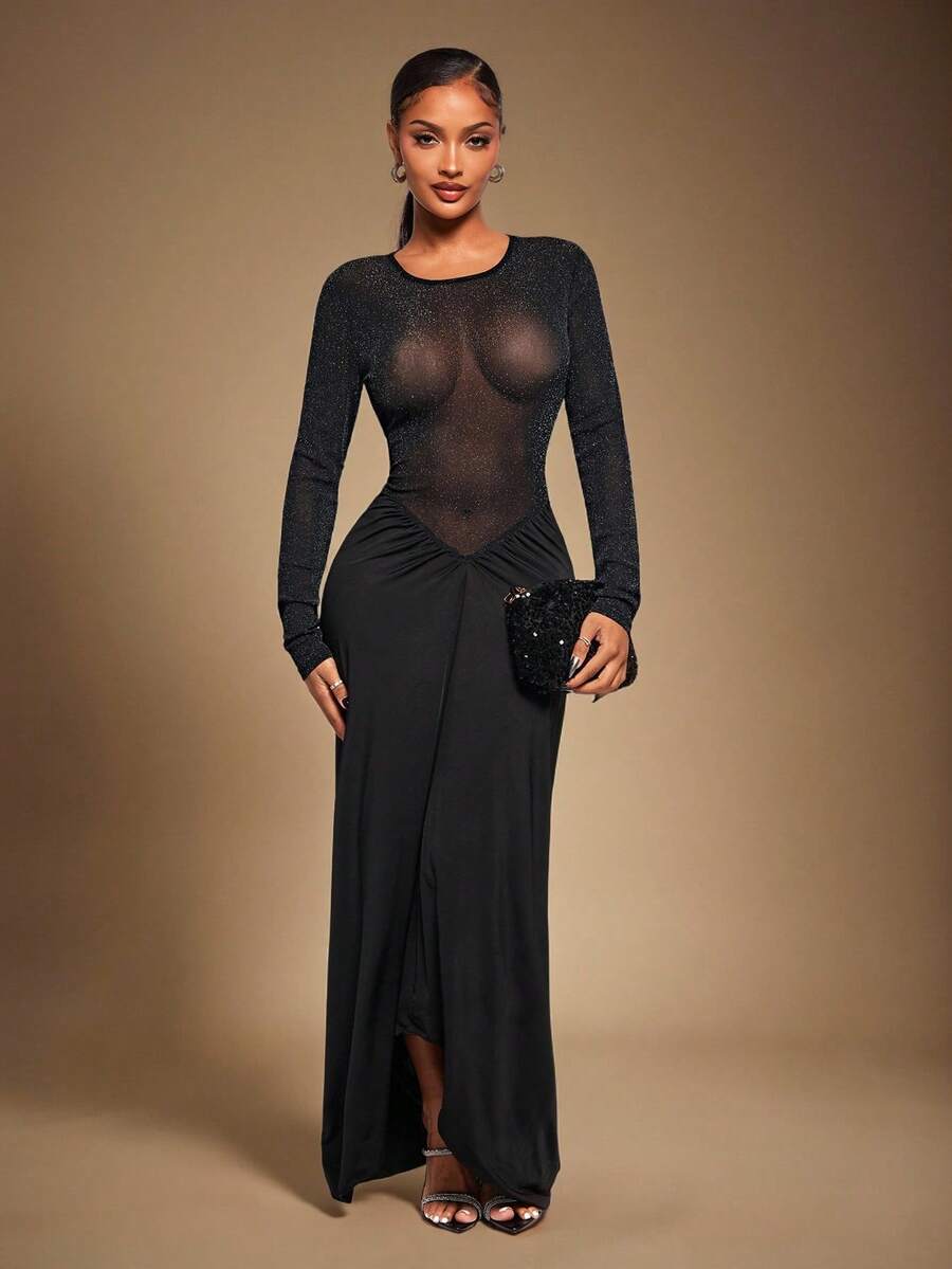 Radiana Vestido largo de manga larga negro, sexy y elegante para mujer. Vestido de gala largo ajustado con corte en V en la cintura, plisado y con inserciones de malla metálica transparente. Vestido brillante y cautivador para fiestas, con tela elástica que se ajusta a las curvas. Adecuado para citas, reuniones, fiestas, clubes, noches, Navidad, Año Nuevo, banquetes, bailes, festivales, noches de gala, bailes de graduación. - Negro - Ver 1