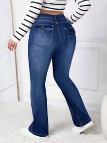 SHEIN ICON Celana Jeans Wanita Ukuran Besar Pinggang Tinggi Saku Model Flare Kasual Serbaguna - Dark Wash - View 3