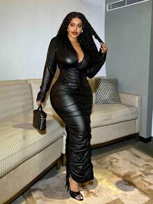 Slaydiva Autumn/Winter New Arrival Y2K Vintage Elegant Refined Basic Daily Cocktail Party Holiday Commute Plus Size Luxurious Party Solid Color Bodycon Deep V-Neck Ruched PU Maxi Dress For Women - Black - Black - View 6