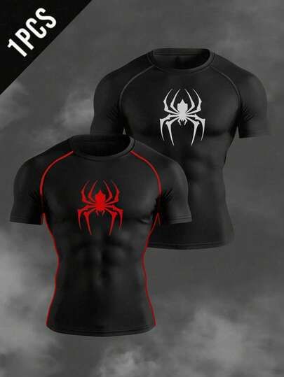 Manfinity Sport Corelite Camiseta deportiva de manga corta con cuello redondo y manga raglán con estampado de araña, camisa ajustada de verano con cuello de tripulación