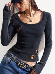 Bohemela Boho Winter Christmas New Year Valentine's Day Music Festival Metal Eyelet Rivet Y2K Casual Retro Solid Color Knit Long Sleeve Fitted Women T-Shirt,Black Top - Black - View 5