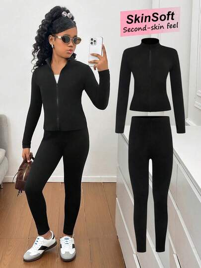 SHEIN Conjunto de top de punto de unicolor cómodo y elástico con cuello mao y cremallera, y leggings de cintura alta para niñas preadolescentes, color negro con forro térmico