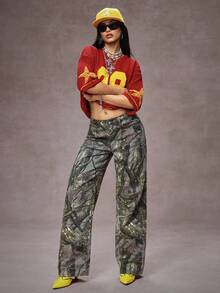SHEIN Tall Tall Waist Maple Leaf Camouflage Print Washed Straight Leg Jeans - Multicolor - View 7