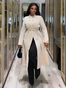 Xyvia Women's Elegant Commuting Autumn/Winter New Style Simple Double-Breasted Overcoat, Earth-Tone Brown, Waist-Cinching, Long Sleeve Mid-Length Overcoat - Brown - View 4