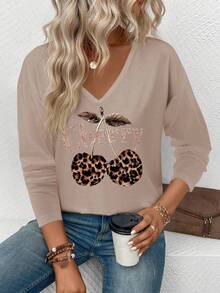 EMERY ROSE 女式 V 领荷叶边袖口、畅销字母和樱桃印花休闲长袖 T 恤 - 彩色 - 查看 6