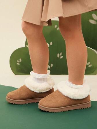 Mini mi #CozySteps キッズ ぬいぐるみ 動物愛護 ファー フェイクスエード タン 暖かいスリッポンブーティー - ソフトで快適なスタイル、幸せな小さな足取り