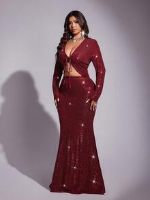 Viva Relle Große Größen sexy rotes paillettenbesetztes Crop Top und paillettenbesetzter Meerjungfrau-Rock Set für Silvester, Partykleid, Abendkleid - Bordeaux - Übersicht 2