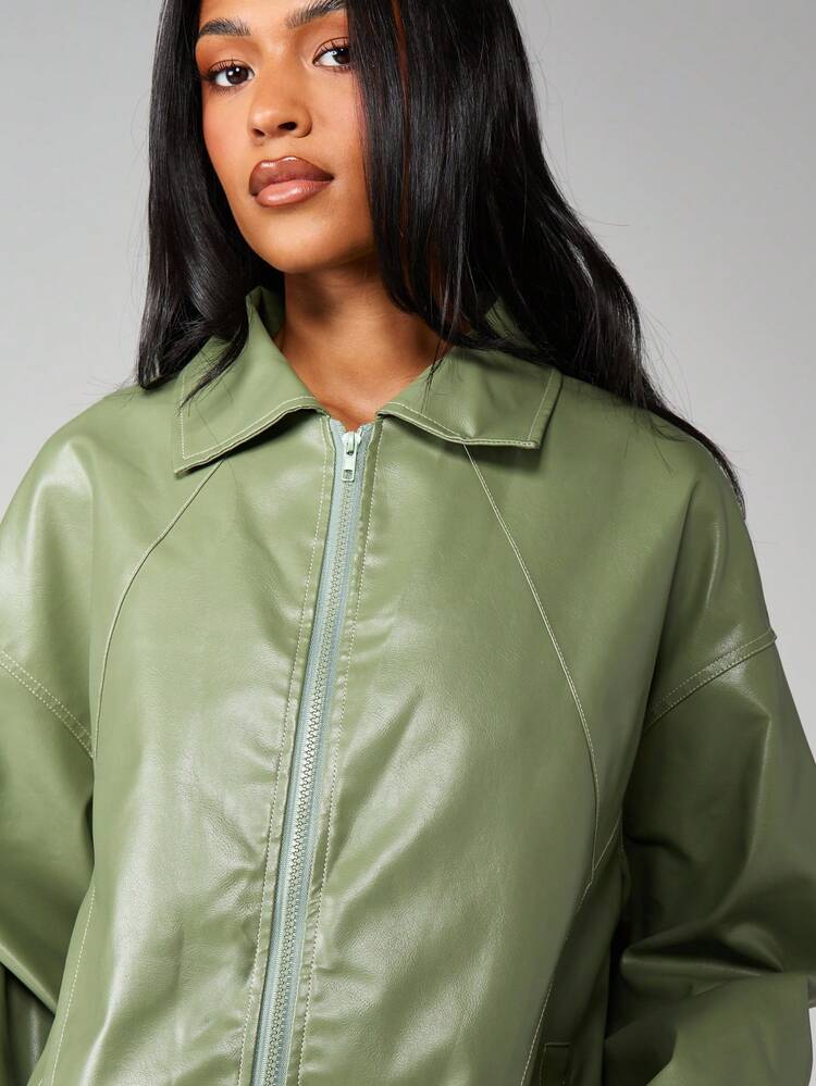 MISSGUIDED Chaqueta bomber oversize de piel sintética con costuras de contraste, puños y cuello de canalé, cierre frontal con cremallera, ropa de abrigo casual para otoño e invierno