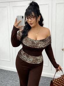 CovetEZ Plus Size Autumn Leopard Print Off-Shoulder Fitted Top And Flare Pants 2 Pieces Set,Women Night Out Club Outfit,Brown Classy Curve Bodysuit Set - Brown - View 3