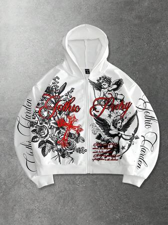 Street Life Men's Casual Angel Flower Print Hoodie Sweatshirt, Autumn