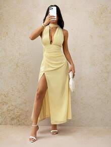 SHEIN PETITE 女式深 V 领露背连衣裙配腰带，飘逸雪纺度假腰带 A 字形礼服，适合秋冬婚礼派对 - 黃色 - 查看 4