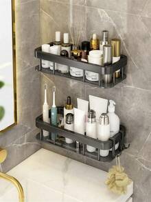 1 pieza Estantería de almacenamiento para baño montada en la pared, sin necesidad de perforar, estantería para ducha, estantería de acero inoxidable con ventosa, organizador de baño, organizador de inodoro - Negro - Ver 6