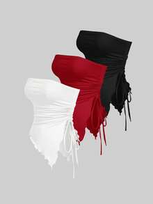 SHEIN MOD Multi-Piece Bustier Top With Side Tied Waist Pleats,Retro Printed Tube Top, Autumn Top, , Going Out Top,Black Tank Top,Red Tops For Women - Red and Black - View 5