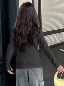 DAZY 女童圓領針織保暖內裡蝴蝶印花長袖上衣，秋季上衣 - 深灰色 - 查看 5
