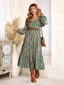 EMERY ROSE Plus Size Women's Fashion Sage Green Geometric Print Long Sleeve Dress,Boho Elegant Autumn Winter Cozy Holiday Vacation Country Concert Outfit - Multicolor - View 7