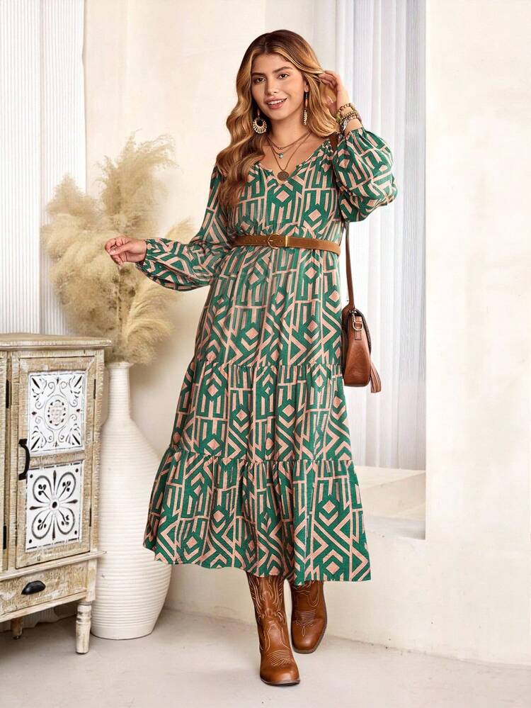 Vestido de manga larga con estampado geométrico de moda casual para mujer de talla grande