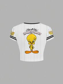 LOONEY TUNES X SHEIN Women's Slim Fit Striped & Cartoon Pattern Contrast Trim Short Sleeve T-Shirt - White - View 2