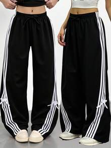 Tween Girls' Colorblock Striped Bow Decor Pants - Black - View 3