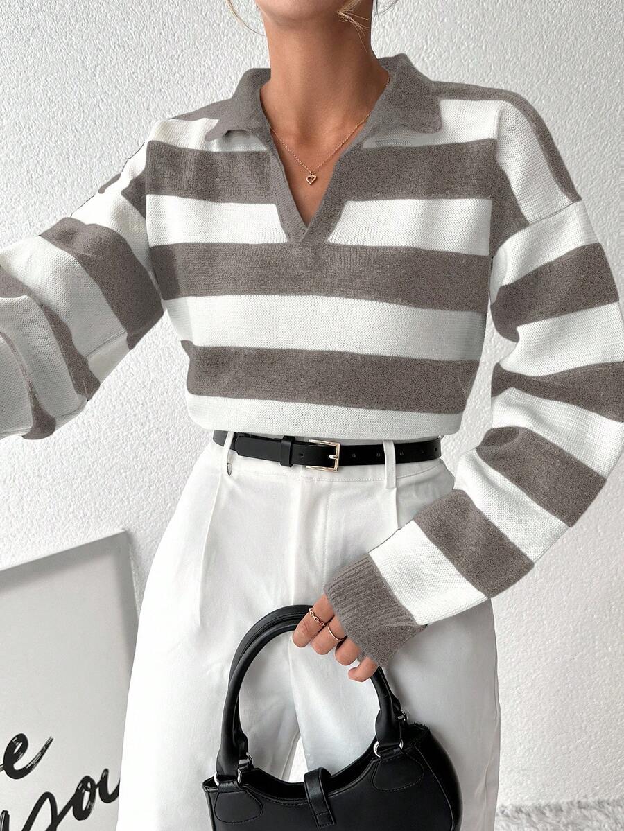 Sweater De Rayas De Manga Larga Con Cuello En V Para Mujeres