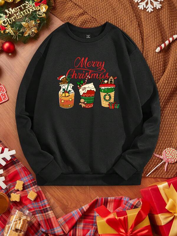 Manfinity Homme Sudadera casual de forro polar con estampado navideño de café con pan de jengibre con nieve para hombres