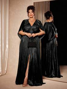 Cravure 大码女士正式长款晚礼服，前开衩设计，金色亮片V领披肩礼服，金属面料大码连衣裙，披肩领设计，收腰剪裁，奢华显瘦，优雅迷人。 - 黑色 - 查看 3