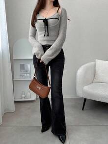 FRIFUL Women's Apricot Solid Color Inner Pocket Sleeveless Jacket, Long Sleeve Contrast Color Drawstring Bow Knit Sweater 2 Pieces Set, Autumn - Light Grey - View 2