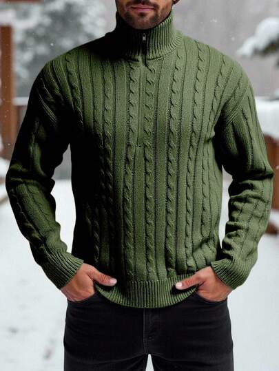 Manfinity Homme Plus Size Men's Zip Design Long Sleeve Cable Pattern Sweater, Autumn/Winter Cable Knit Sweater Men Green Sweater Men Turtle Neck Men