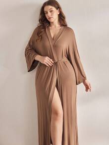 Ocili Leisure Soft & Simple Long Sleeve Plus Size Robe, Chic Autumn Easy Comfort Autumn Slumber, Cozy Outfit, Fall & Winter - Brown - View 6