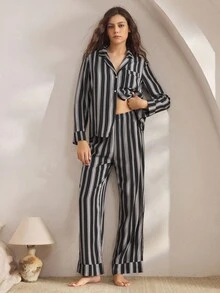Ocili Bộ đồ ngủ nữ sọc cotton thoải mái, dễ chịu, thời trang thu đông, dễ mặc, quần áo thu đông - Xám - Xem 2