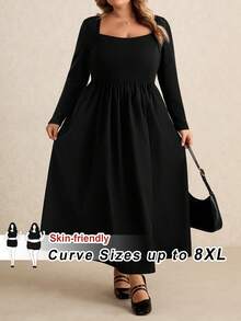 SHEIN CURVE+ Đầm dệt kim cổ vuông đơn giản, đơn giản, dễ mặc, dáng rộng, cỡ lớn, dành cho nữ, dáng dài đến trung bình - màu đen - Xem 9
