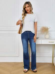 SHEIN LUNE Women's Elastic Waist Navy Blue Frayed Hem Casual Flare Leg Jeans,Bootcut High Waist Wide Leg Summer Everyday Pants Winter New Year - Blue - View 6