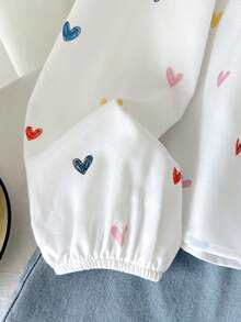 Leap Crew Tween Girls' Loose Casual Simple Stand-Up Collar Colorful Heart-Shaped Printed Long-Sleeved Shirt Girls Long Sleeve Shirt, Suitable For Kids Casual Wear, Back To School, Opening Ceremony, Daily Wear, School, Travel, Sports, Spring And Summer - White - View 4