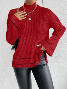 SHEIN LUNE Sweater Pullover Wanita Lengan Panjang Longgar Kasual - Merah - View 5